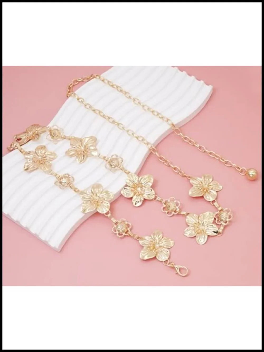 Metal Chain Belt with Flower Accents Lobster Clasp Waist Body Chain for Dresses
